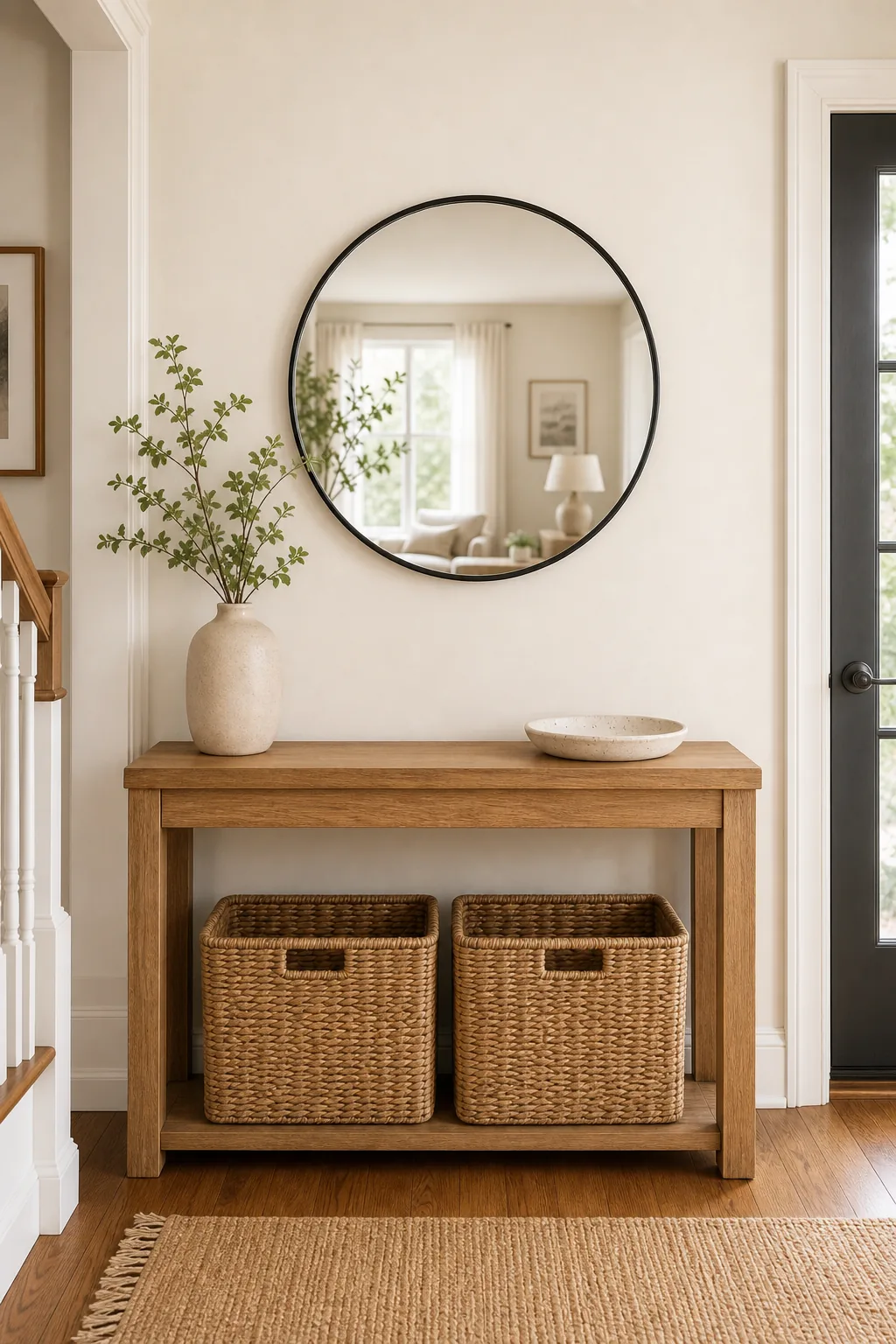 A round wall mirror with a thin black frame hanging above a wooden console table.