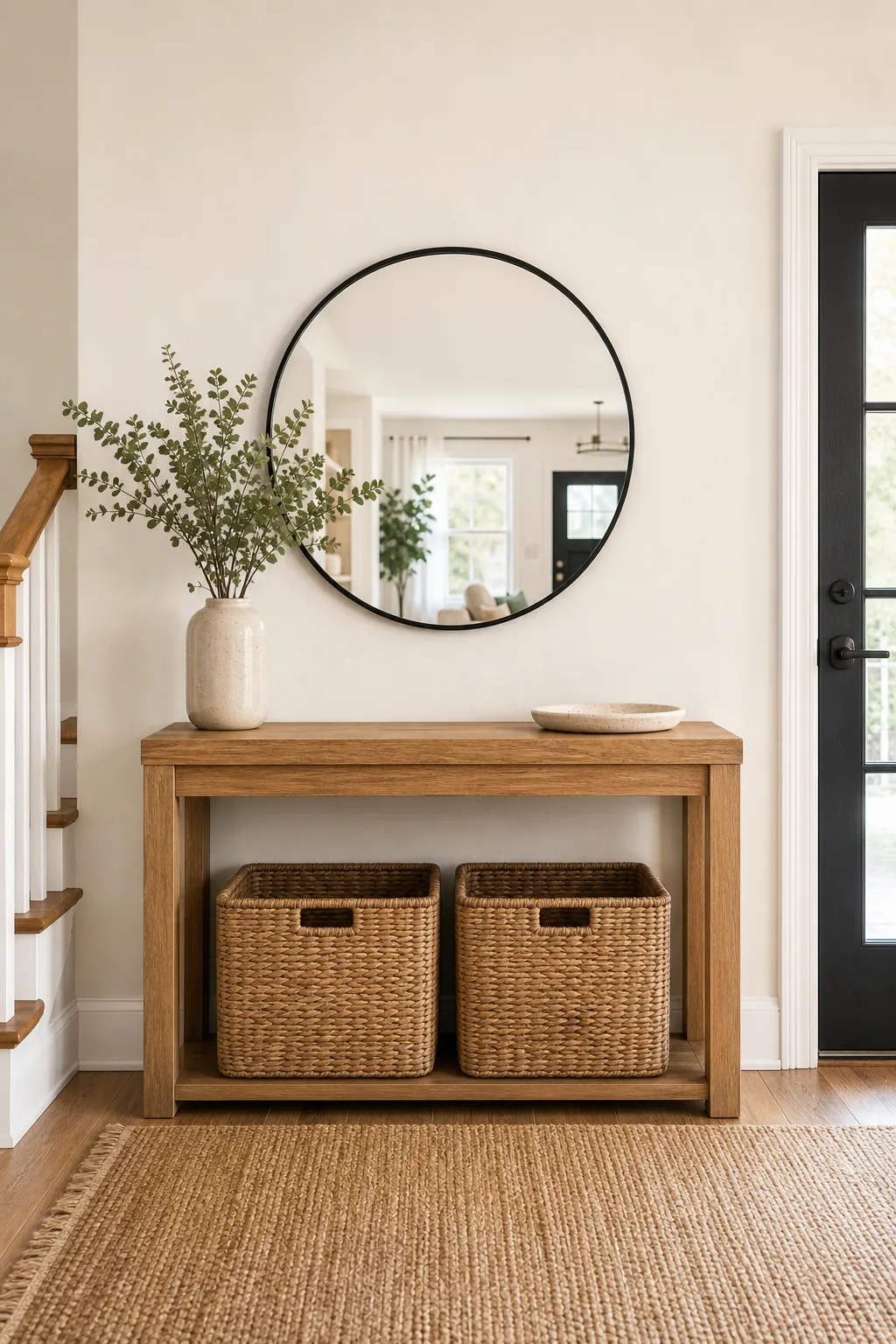 Straight-on view of an entryway showing a round mirror perfectly proportioned to the console table below.