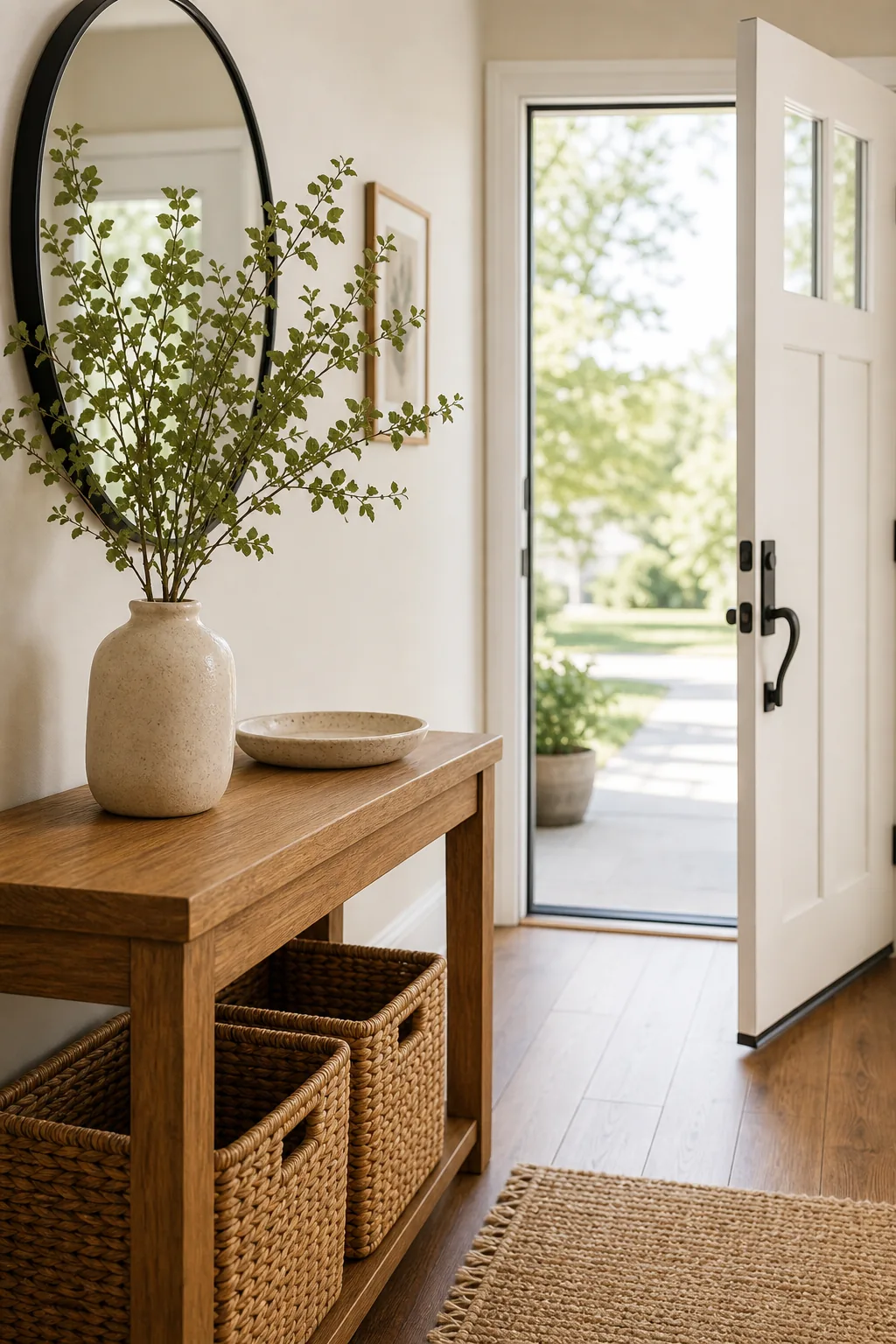A textured ceramic vase holding tall green branches on an entryway table.