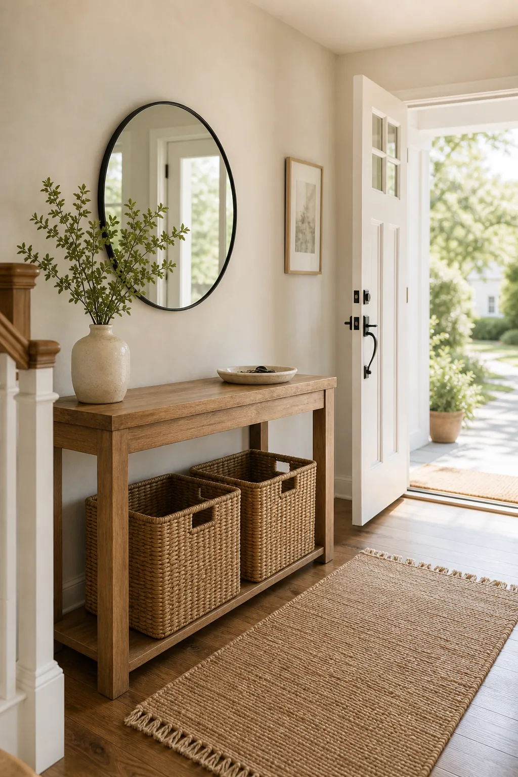 View down an entryway hallway showing ample walking space between a console table and the front door.
