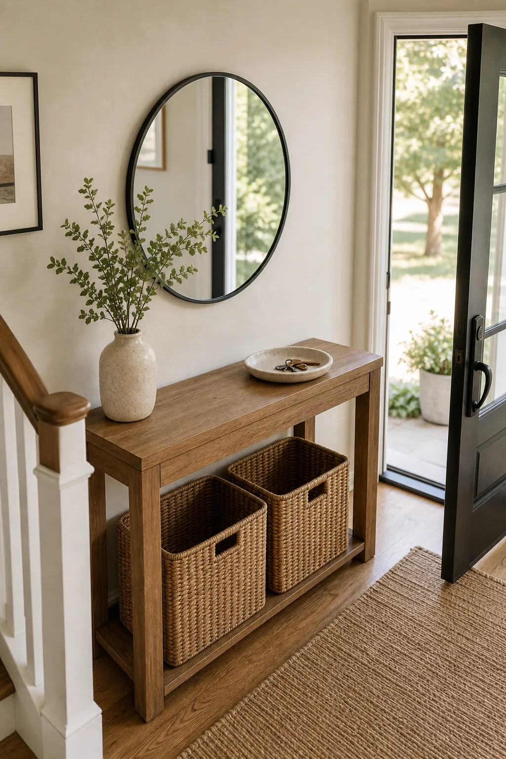 A fully styled entryway complete with a console table, mirror, baskets, and decorative tray.