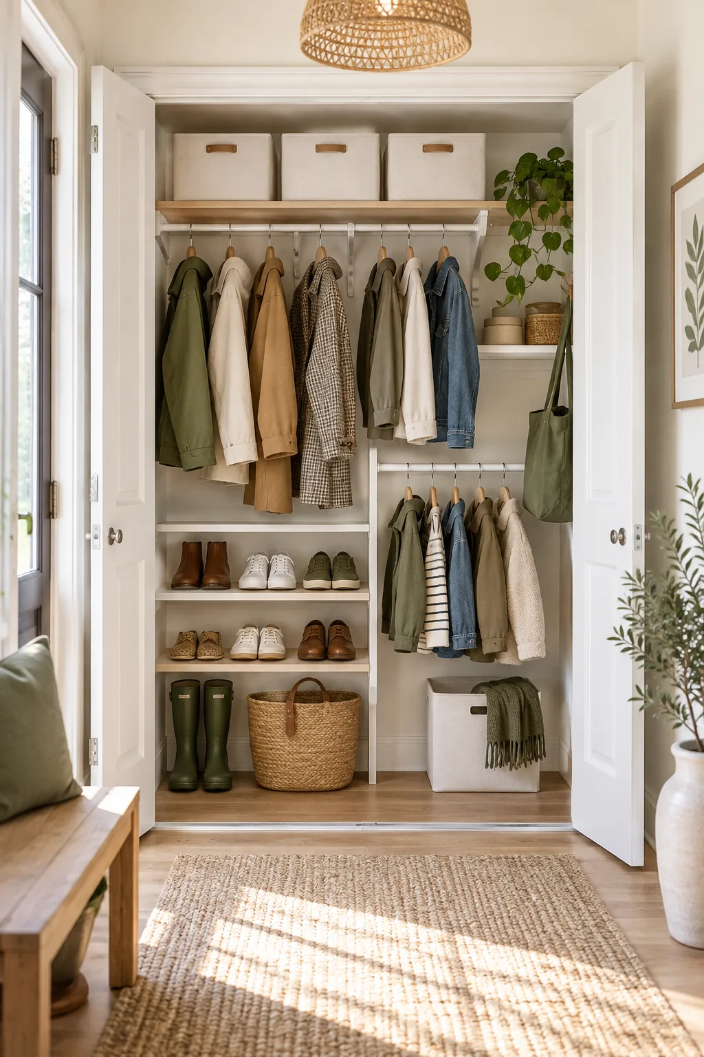 Minimalist Scandinavian entryway closet with ash wood shelves and white canvas bins.