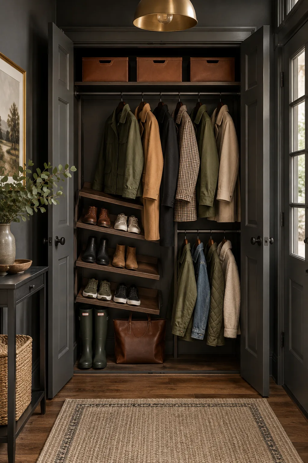 Moody modern entryway closet painted charcoal grey with matte black rods.