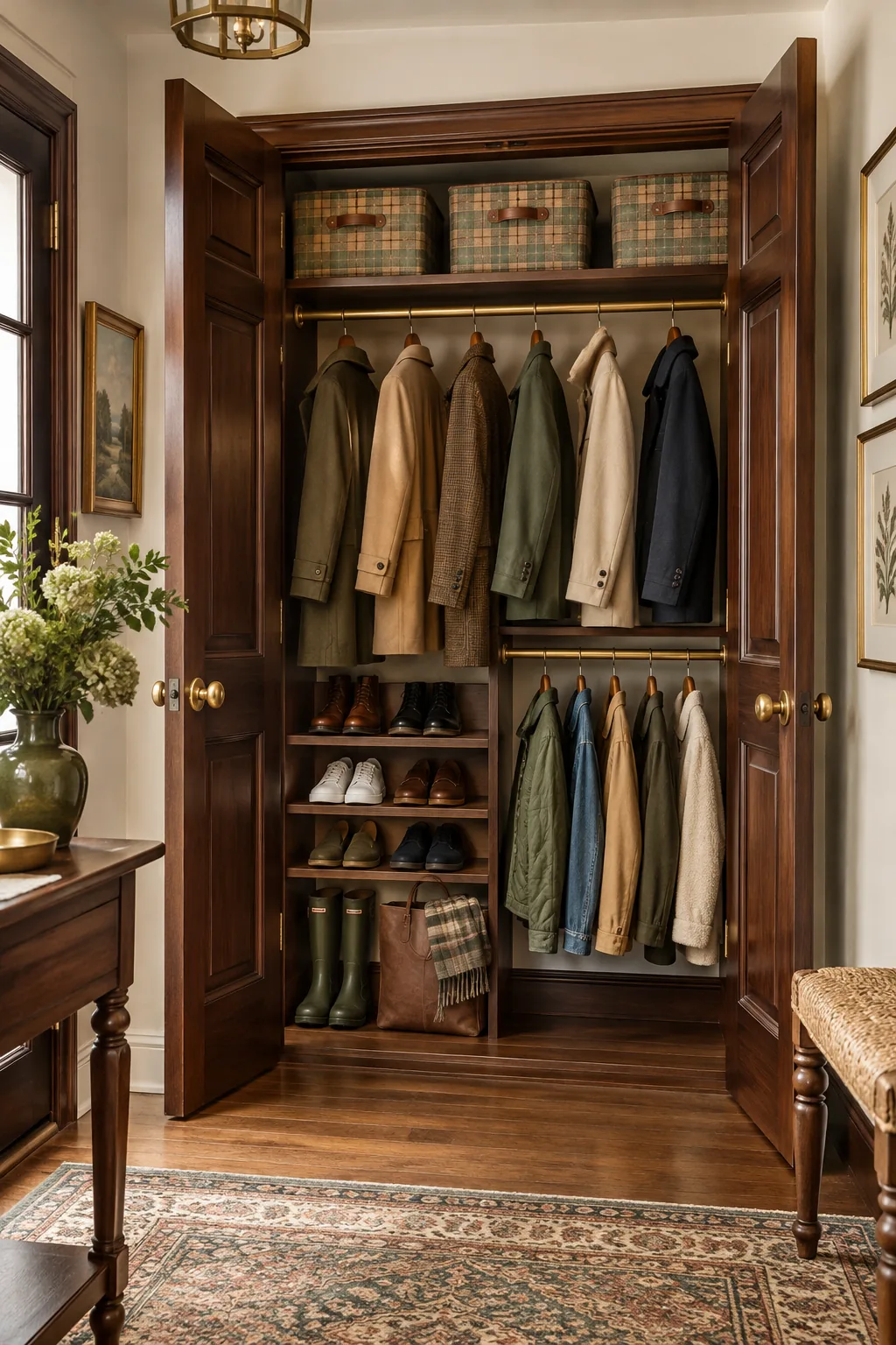 Traditional entryway closet with mahogany trim and brass hanging rails.