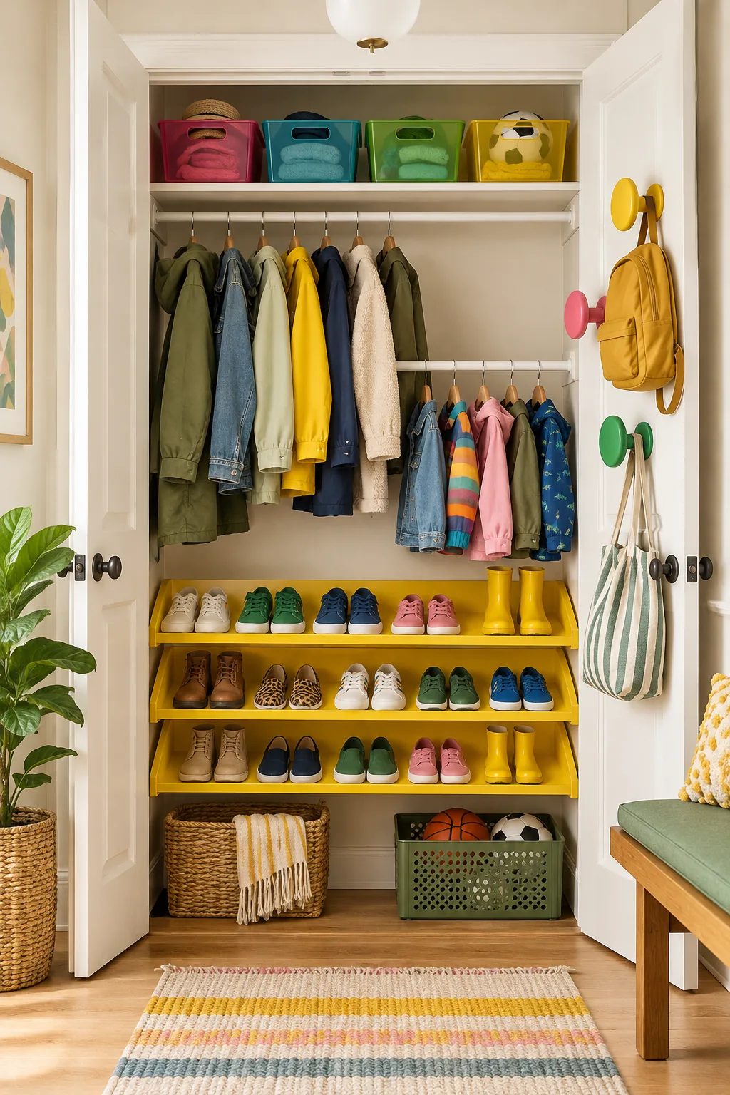 Colorful family entryway closet with yellow shelves and acrylic bins.