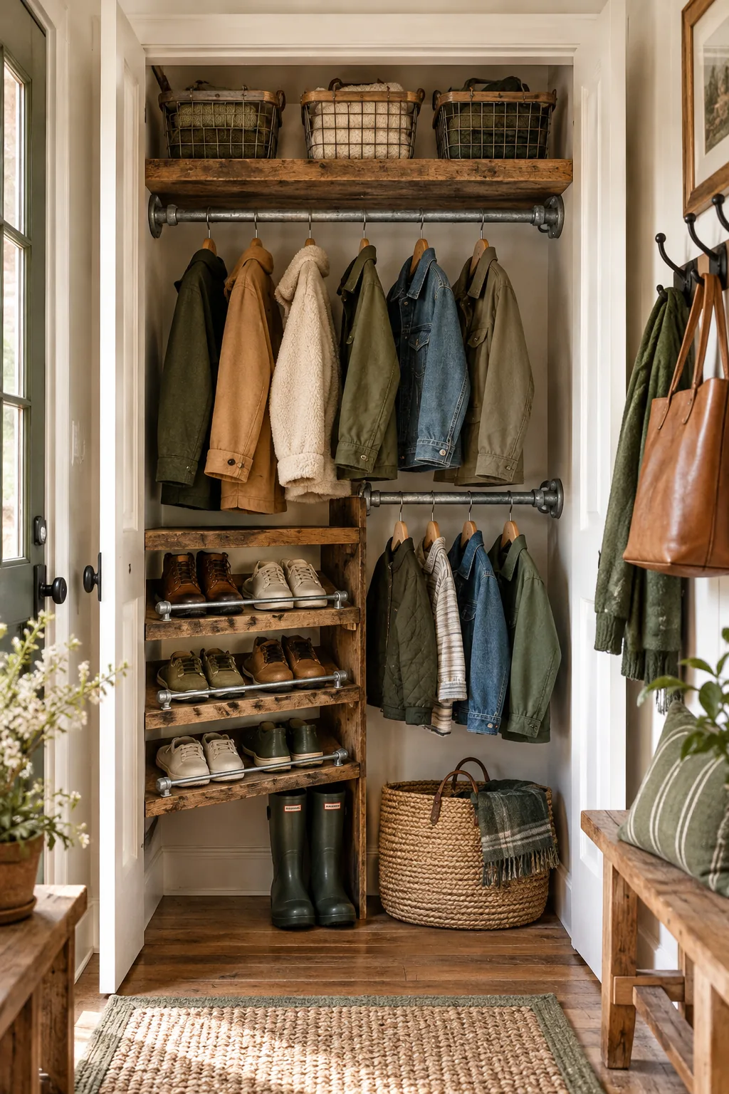 Rustic farmhouse entryway closet with reclaimed wood shelves and pipe rods.