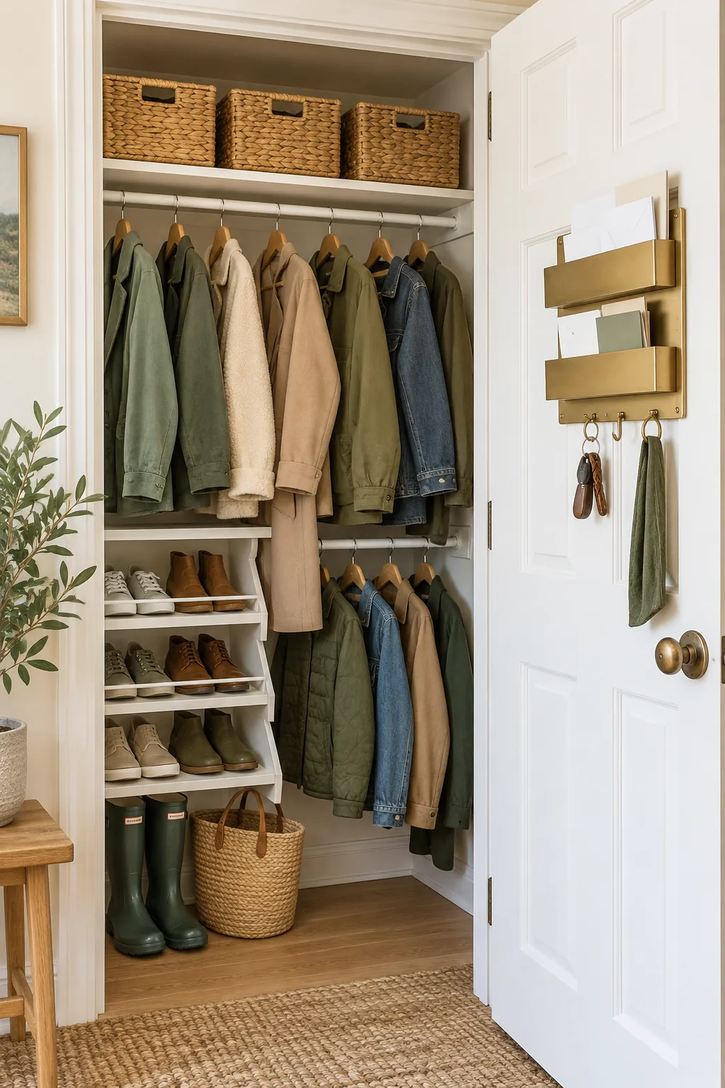 Brass mail and key organizer mounted on the inside of a white closet door.