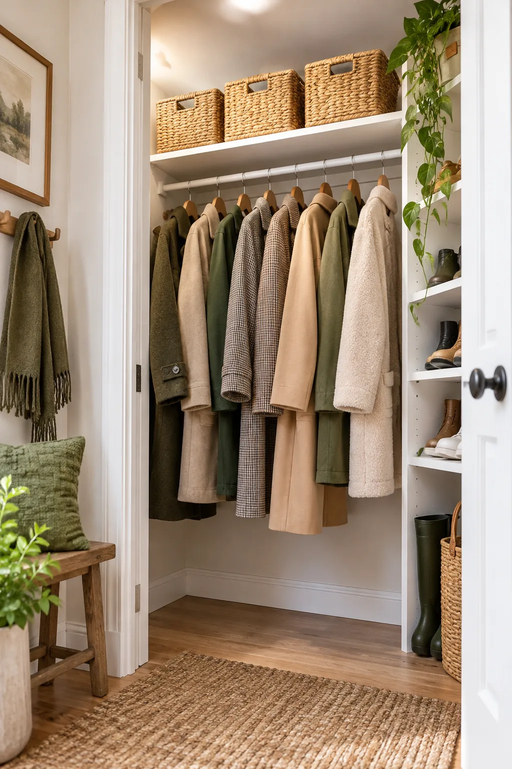 Three matching woven baskets sitting on the top shelf of a white closet.