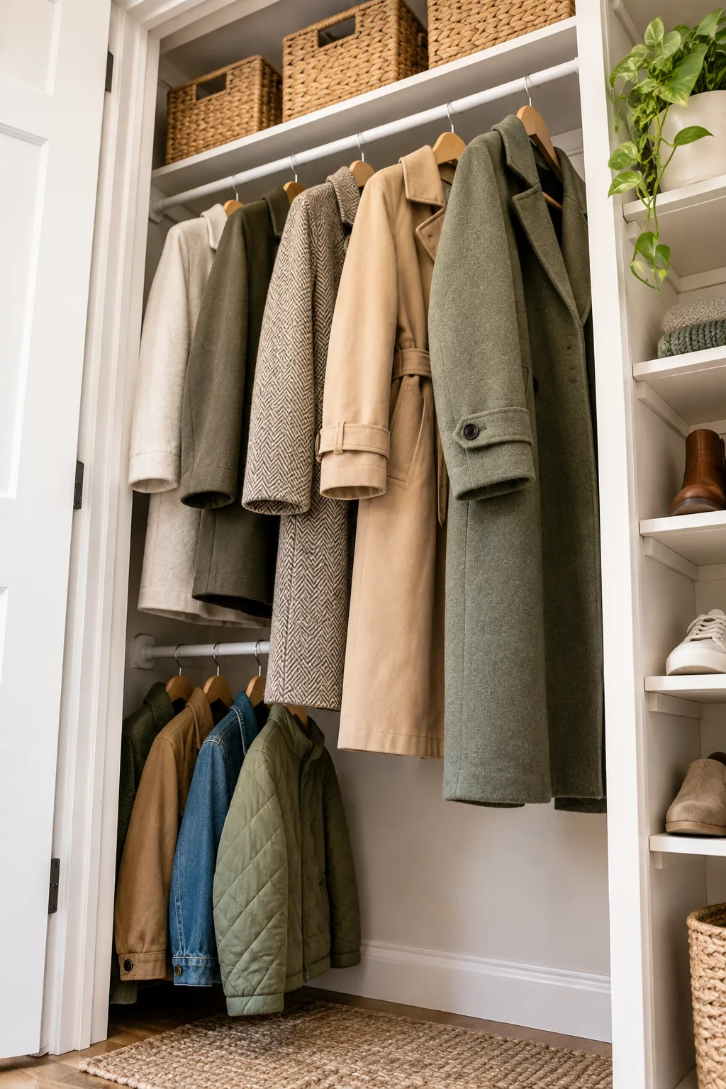 Long winter coats hanging on an upper closet rod with clear space beneath them.