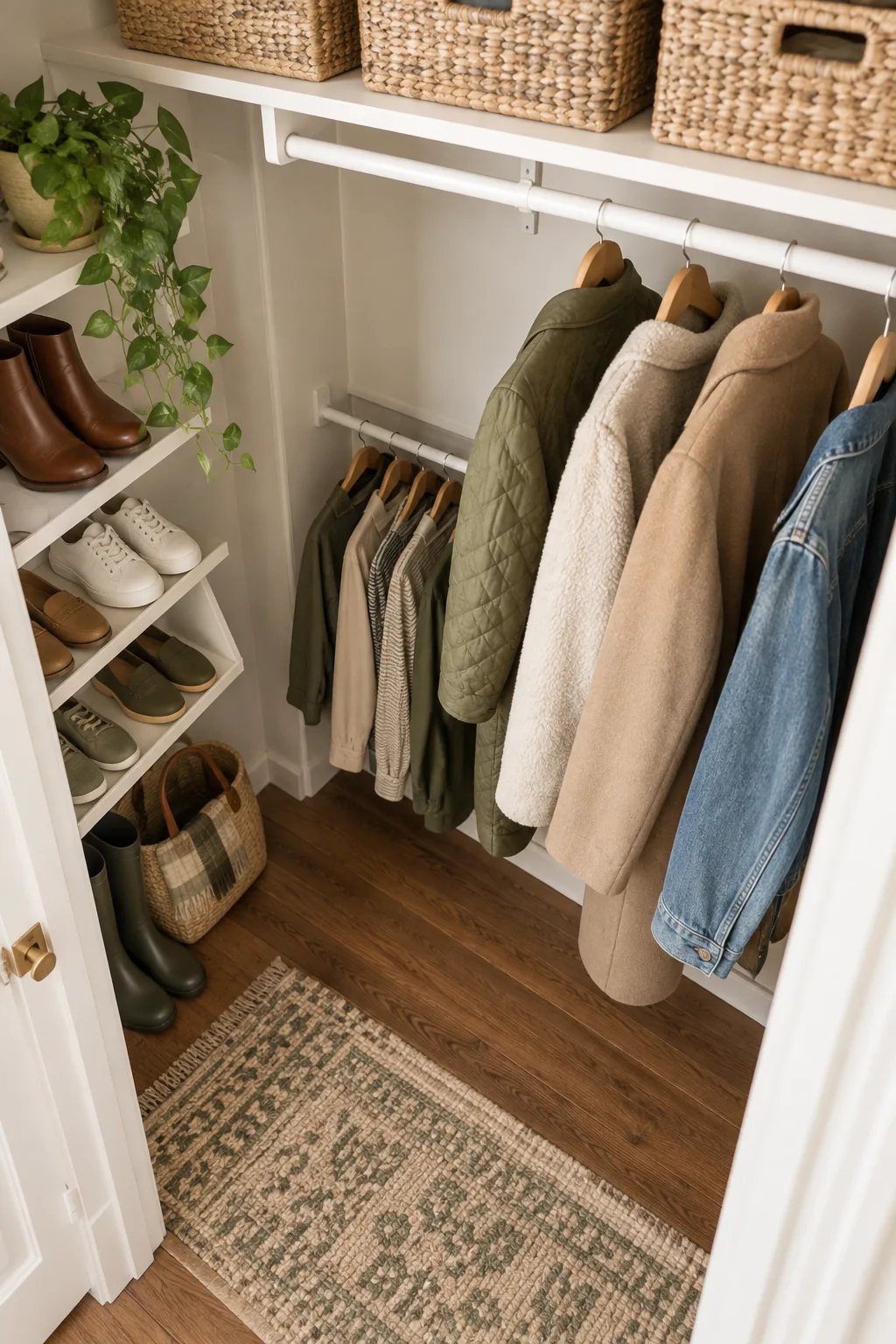 A split-level closet with the lower hanging rod pushed closer to the back wall.