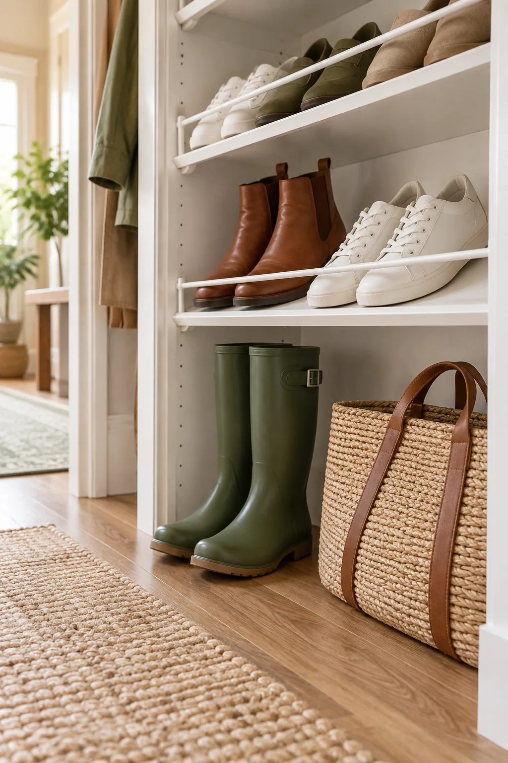 Angled white shoe shelves with a tension rod holding sneakers and boots in place.