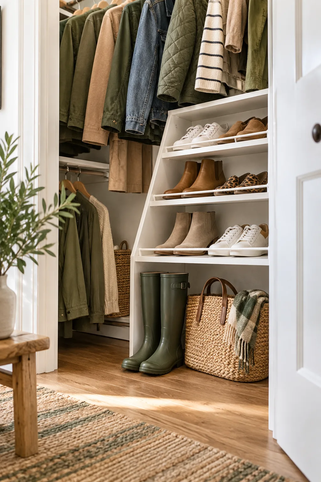 Tall rain boots and a woven bag sitting on the floor beneath a closet shoe shelf.