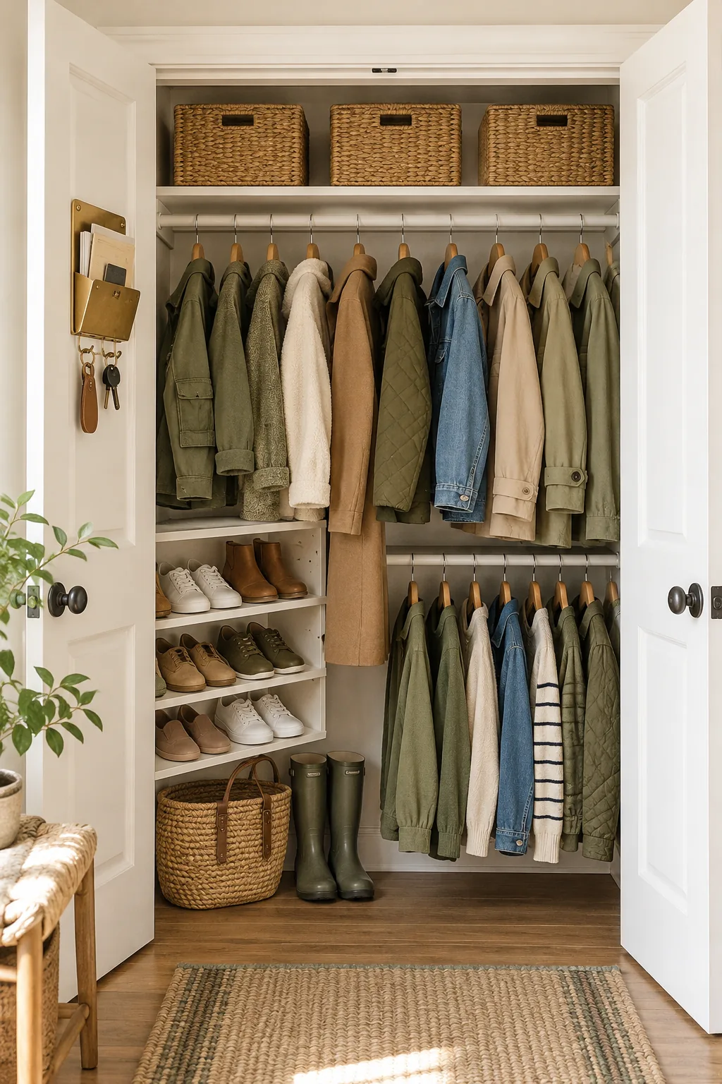 A neatly organized closet with identical wooden hangers holding jackets.