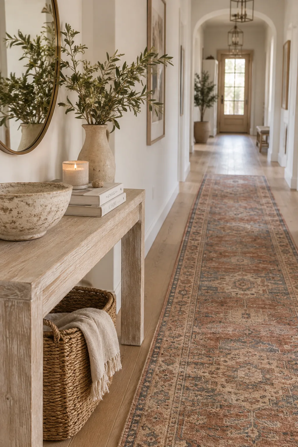 Faded vintage runner rug in a long entryway hallway