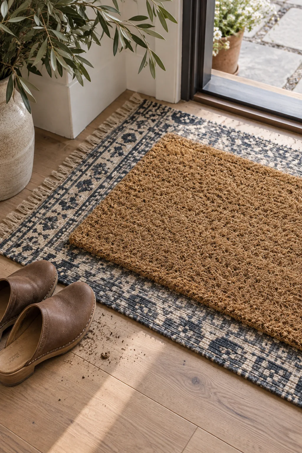 Coir doormat layered over a black and white patterned flatweave rug