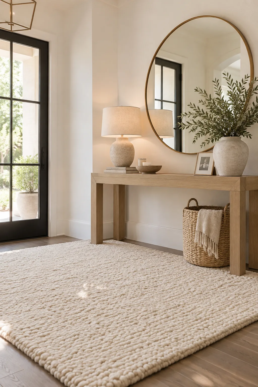 Large square rug anchoring an entryway console table