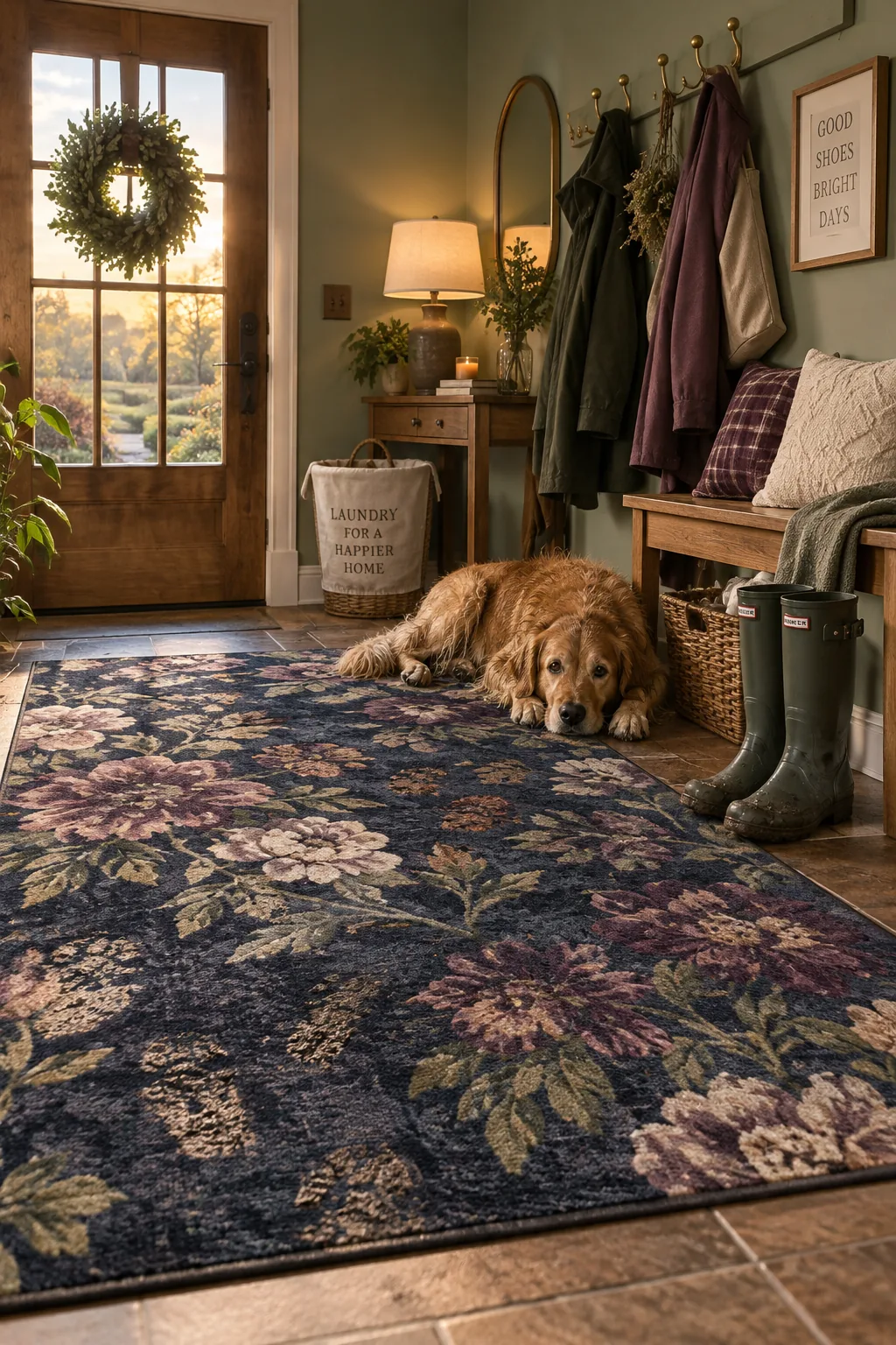 Dark floral washable rug in a busy mudroom entry