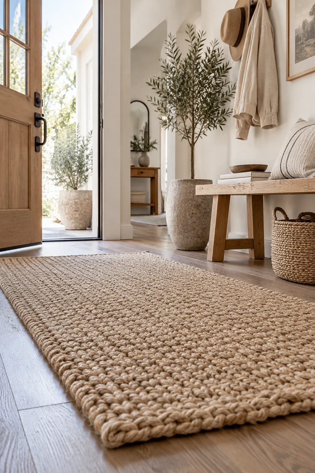 Chunky natural jute rug in a bright entryway