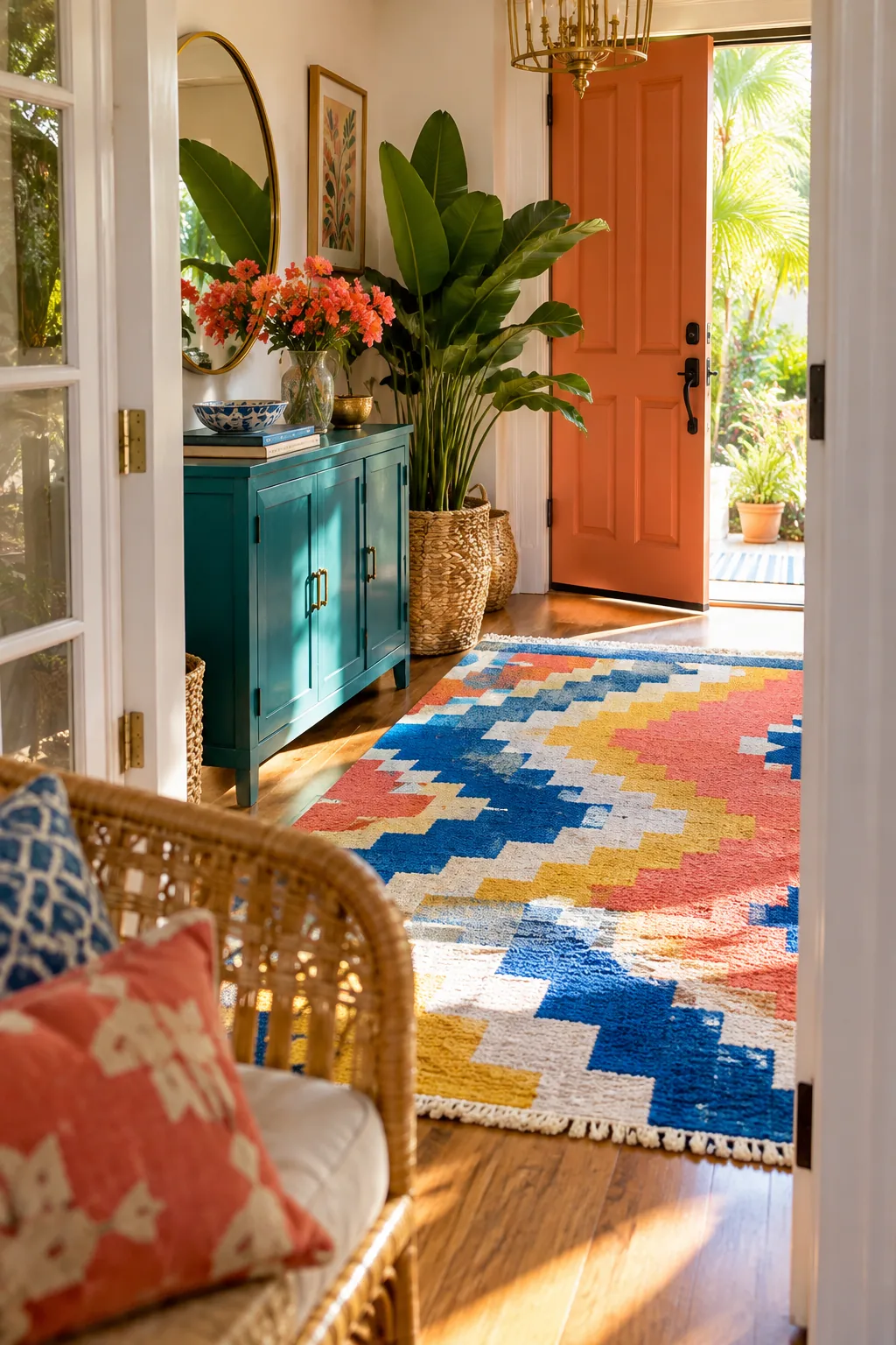 Black and white geometric rug in a modern entryway