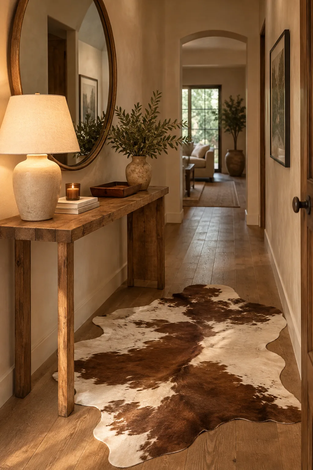 Faux cowhide rug on a wood entryway floor