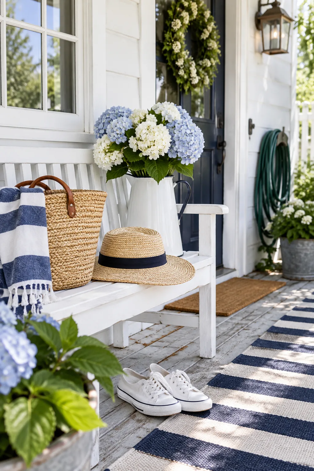 Blue and white striped indoor/outdoor rug by the front door