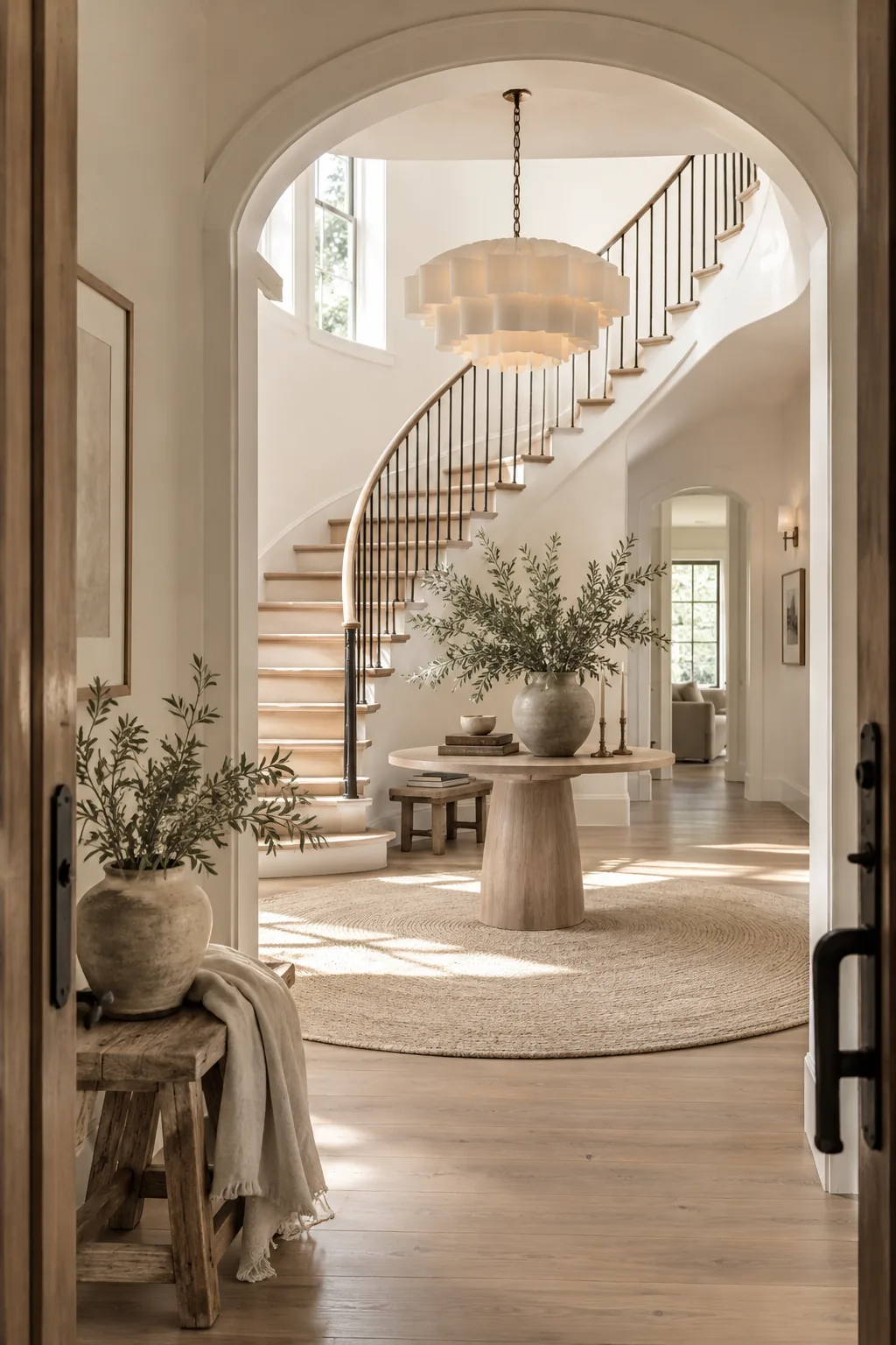 Round rug centered under a chandelier in a grand foyer