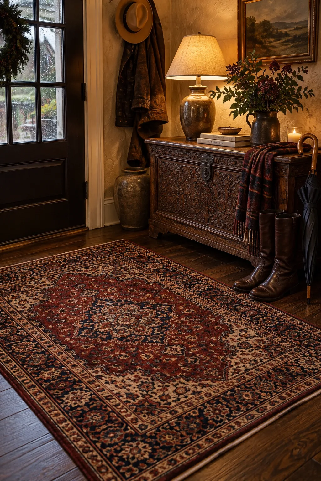 Deep red Persian wool rug in a traditional entryway