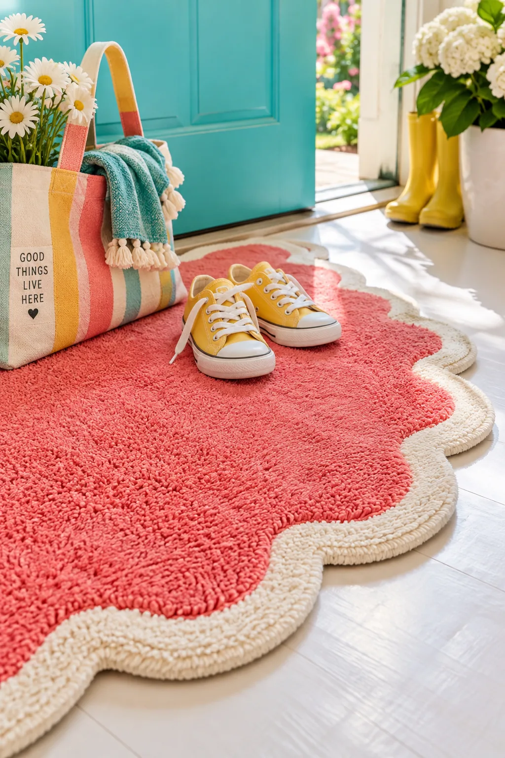 Jute rug with a scalloped border in a family entryway