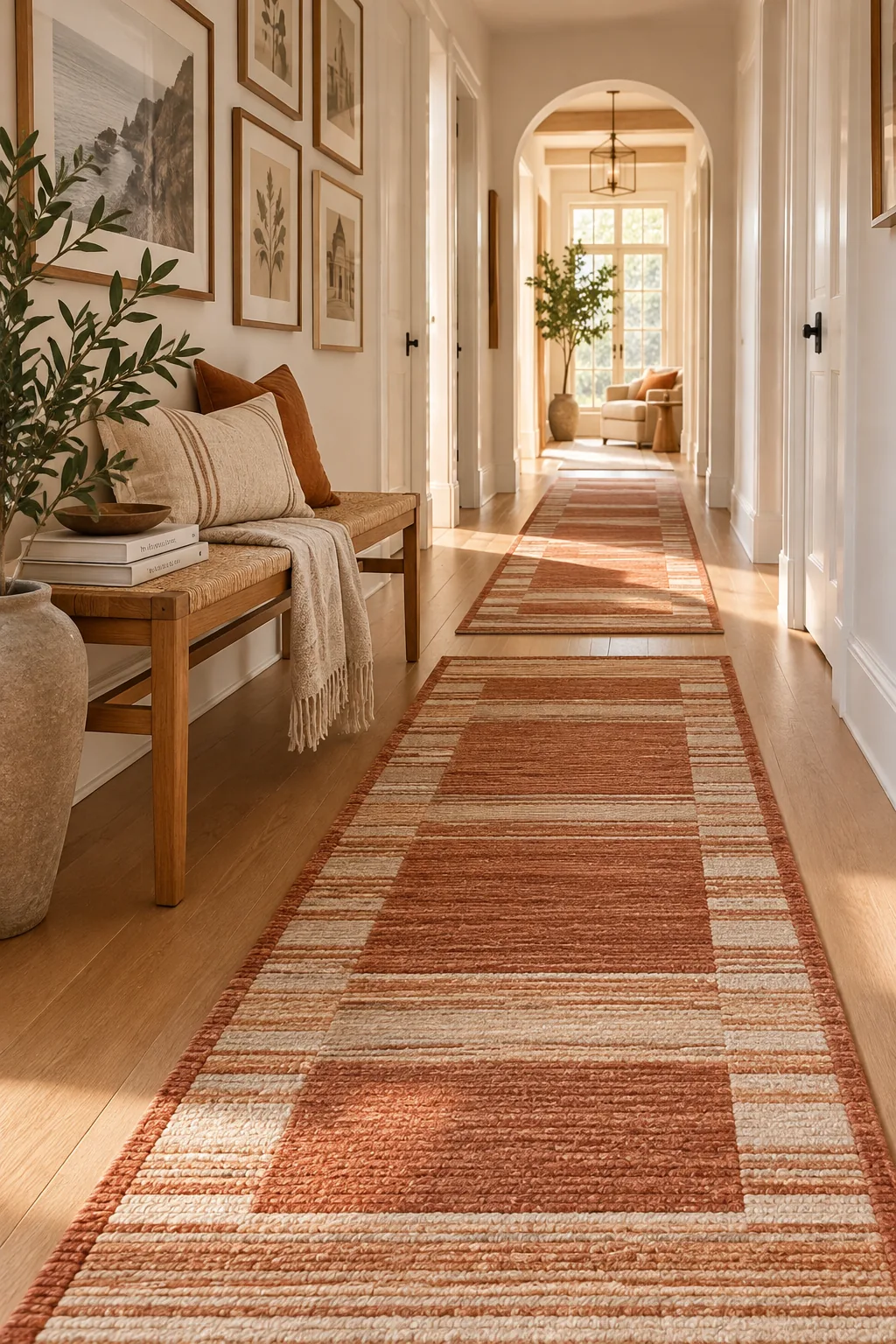 Two identical runner rugs placed end-to-end in a long hallway