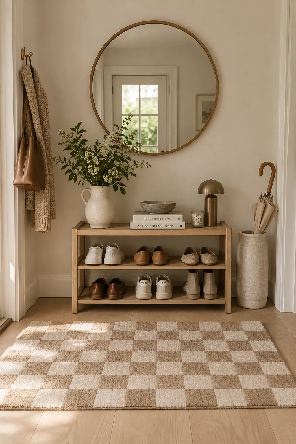 Tan and cream checkerboard rug in a bright entryway