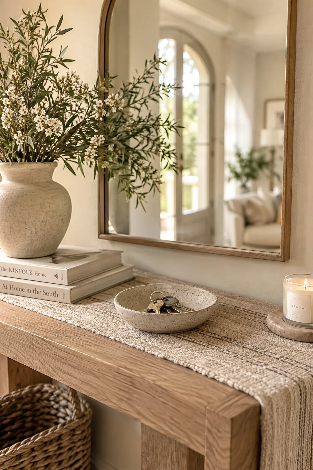 Large round mirror hanging above a wooden entryway table.