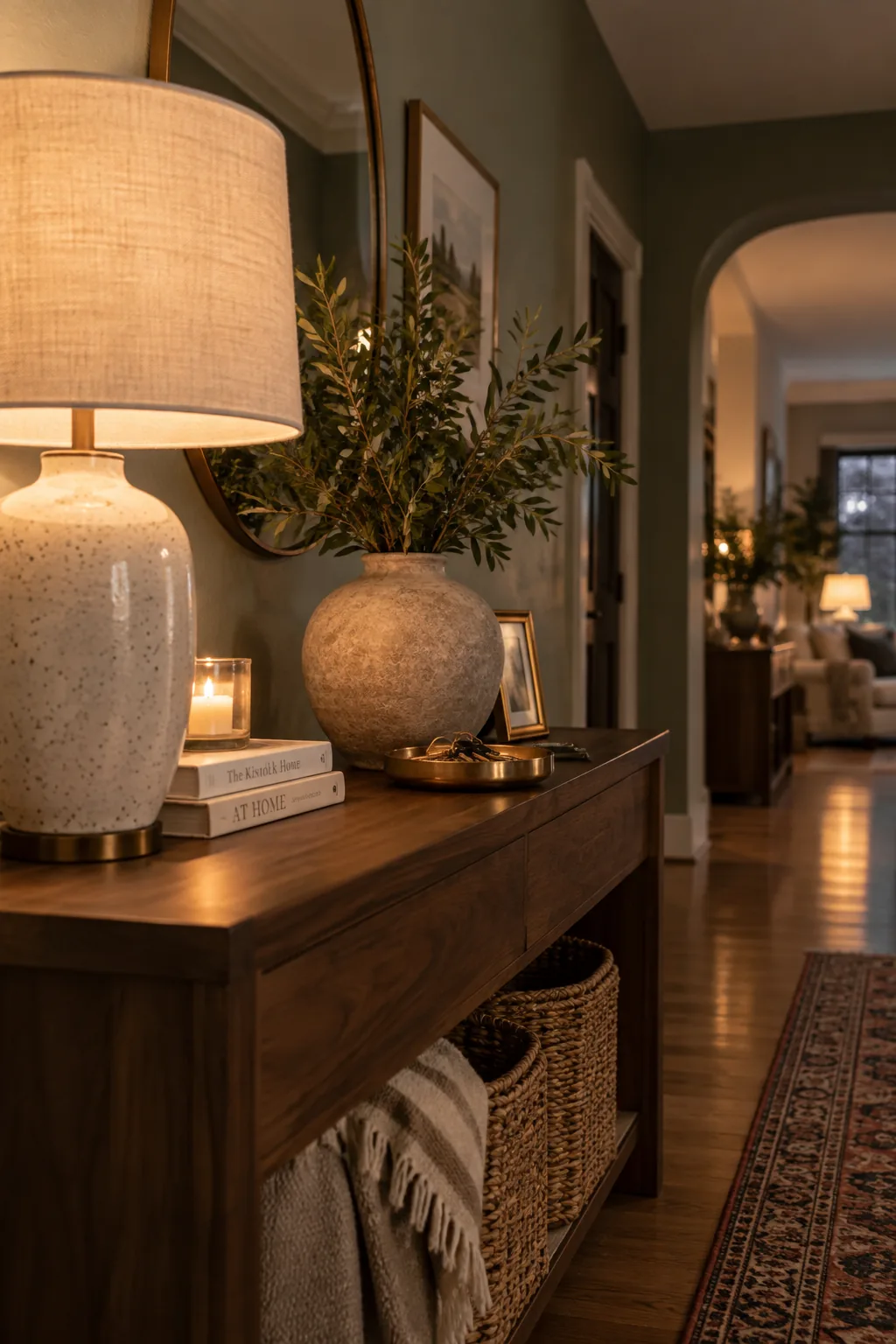Entryway table styled with a tall lamp, medium vase, and low tray.