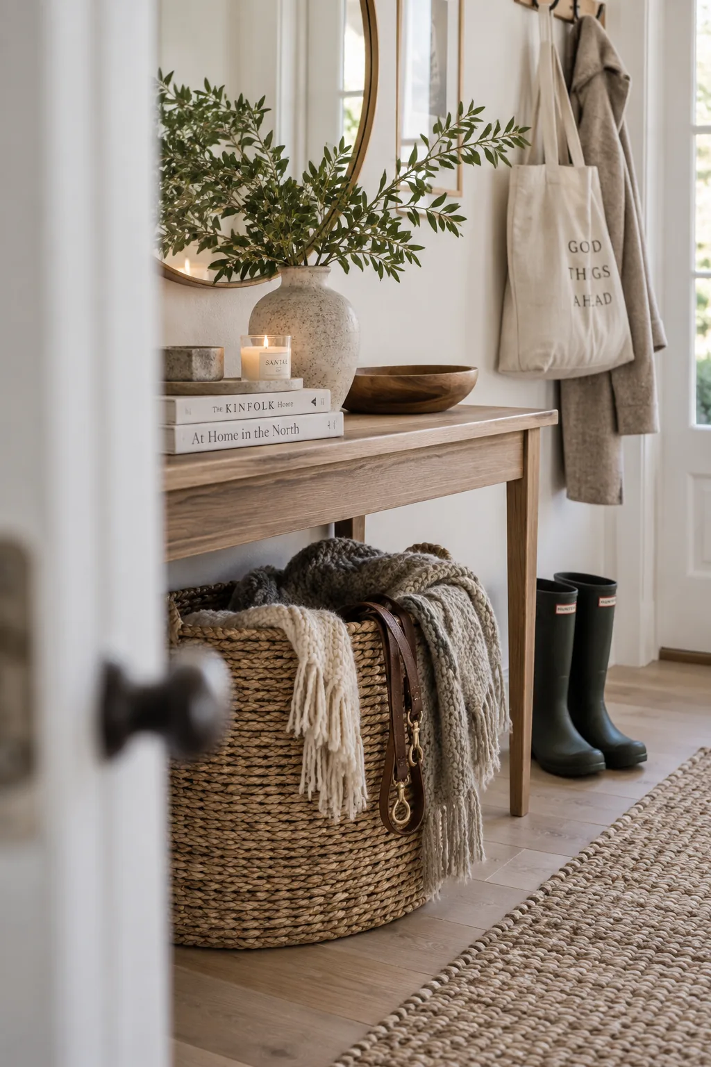 Woven storage basket tucked under a console table.