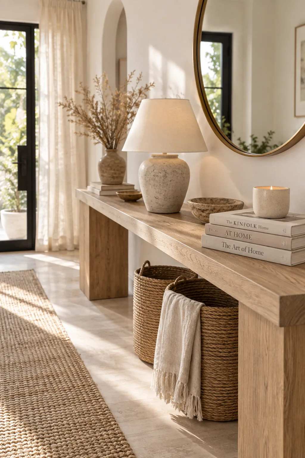 Scented candle resting on a stack of coffee table books.