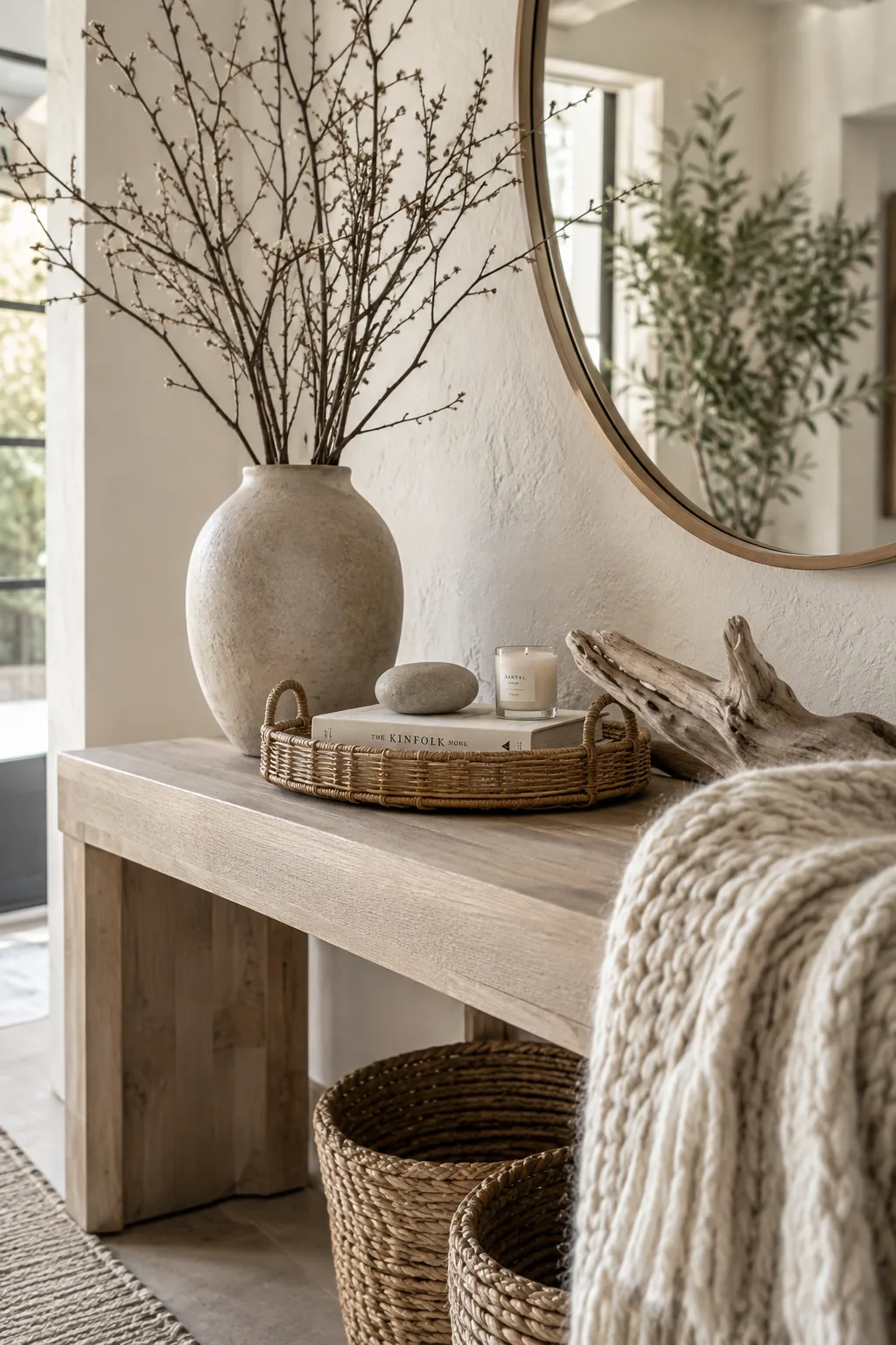 Entryway table featuring olive branches in a vase and a wooden bowl.