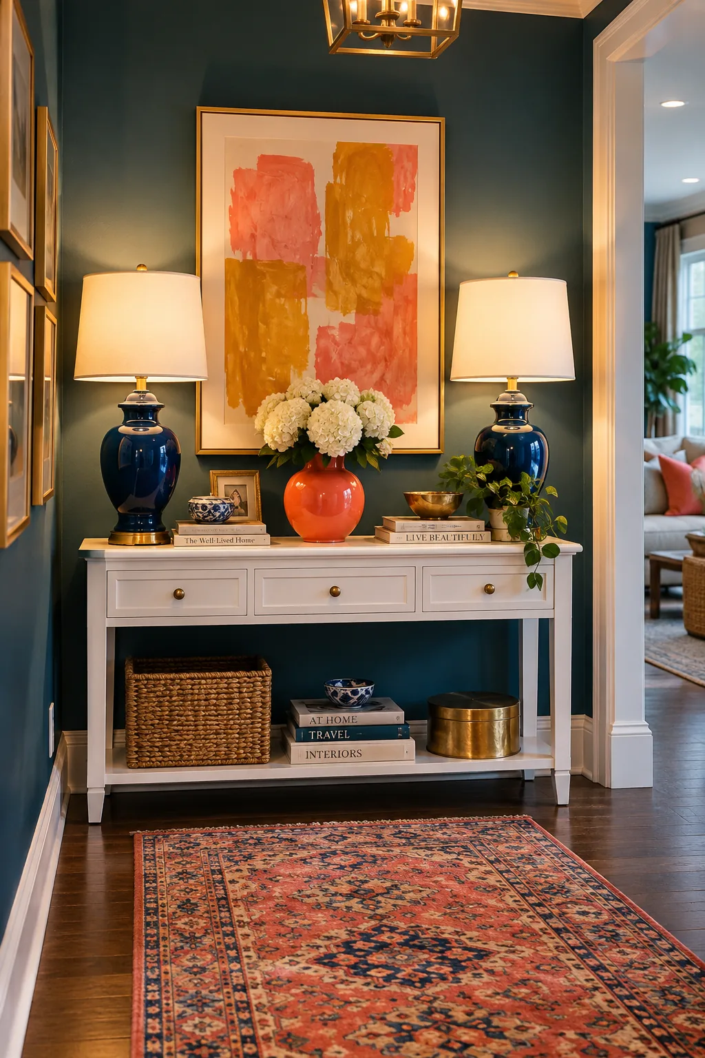 Symmetrical console table with matching buffet lamps and centered art.