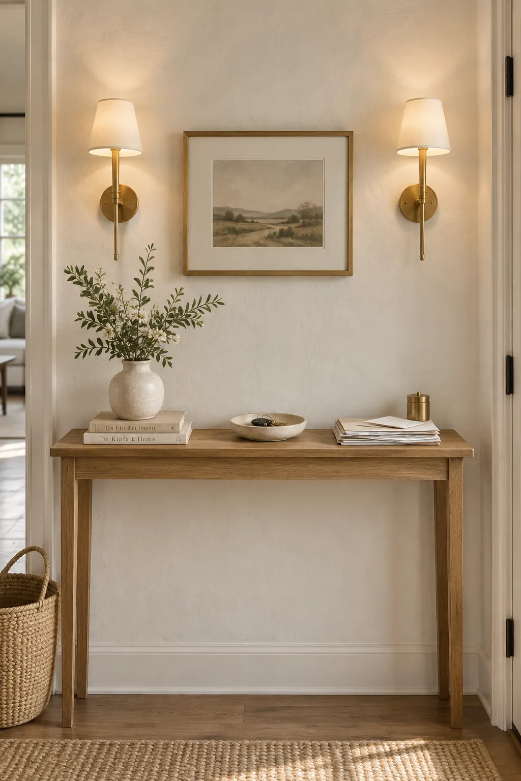 Narrow console table with brass wall sconces mounted above.