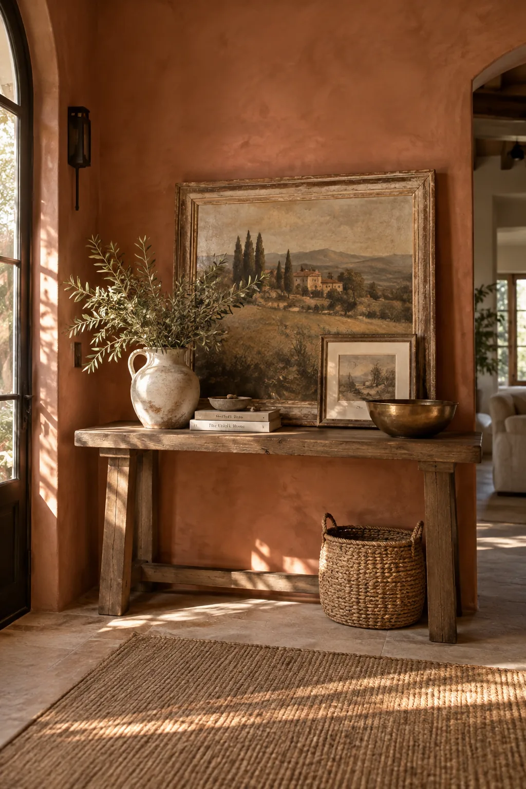 Vintage landscape art leaning casually against an entryway wall.