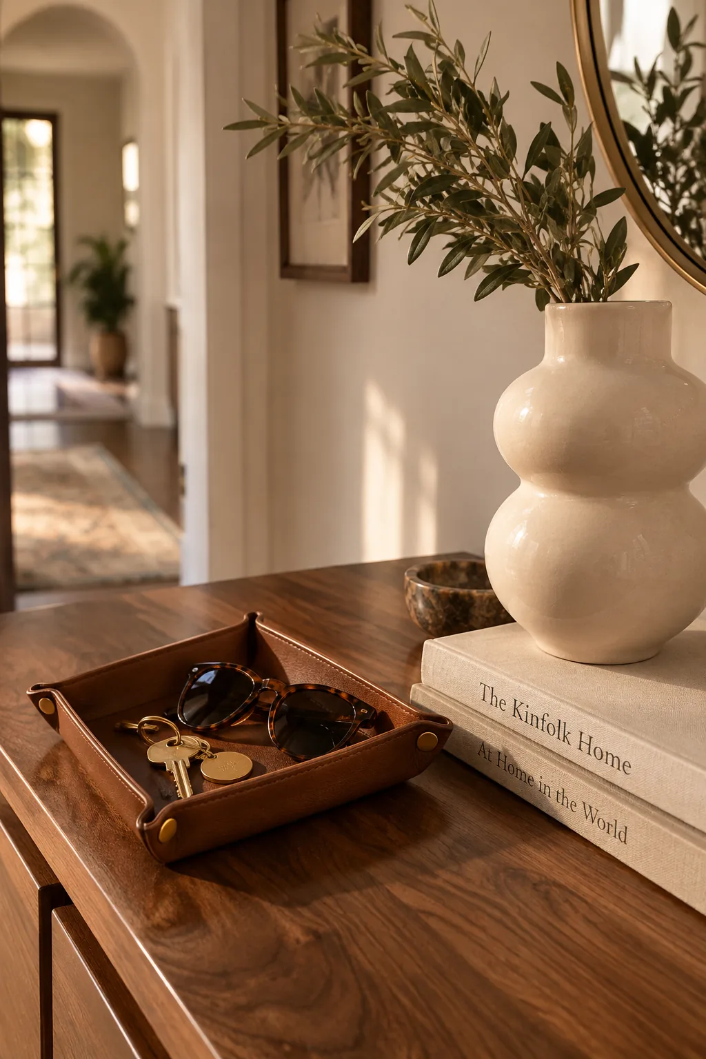 Console table split into a functional catchall side and a decorative vase side.