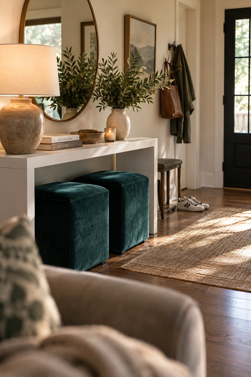 Two velvet ottomans tucked neatly under a wide entryway table.