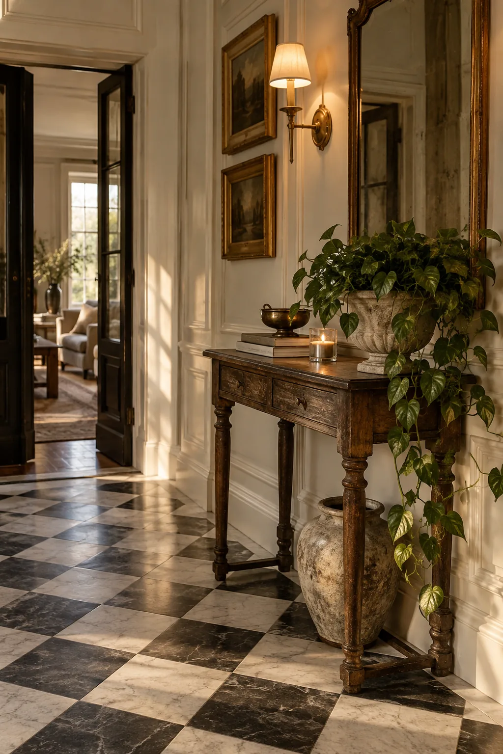 Black and white honed marble floor tiles in a checkerboard pattern inside a bright entryway