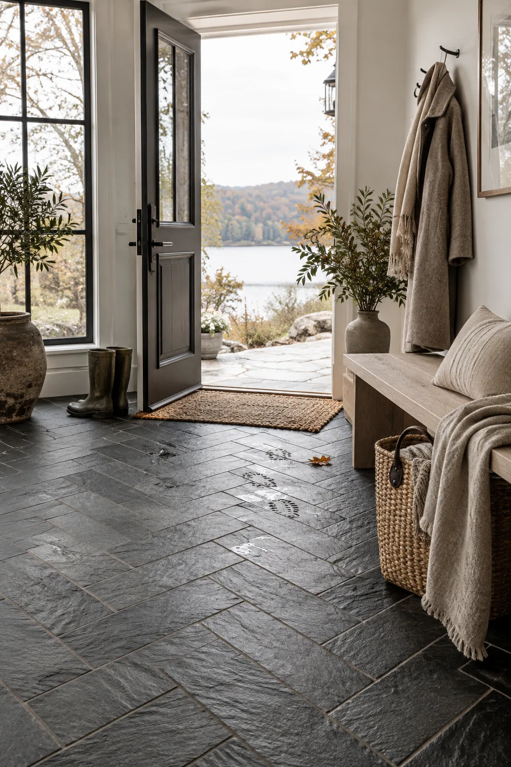 Dark gray rectangular slate tiles laid in a herringbone pattern at a front door