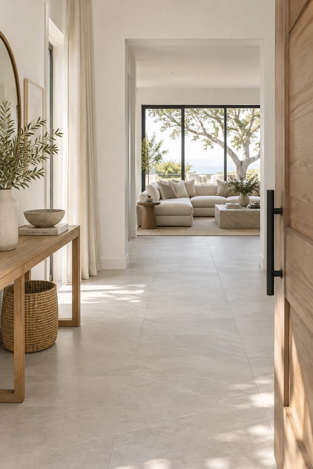 Oversized light gray porcelain tiles running from a front door into a living room