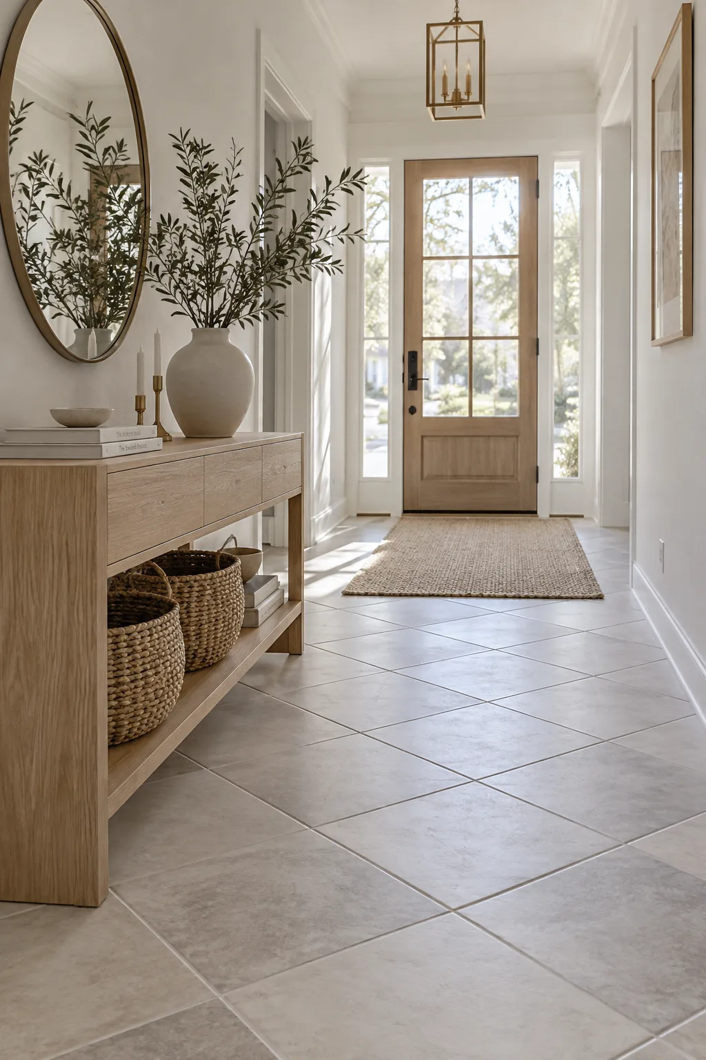 White square ceramic tiles installed on a diagonal diamond pattern in a narrow hallway