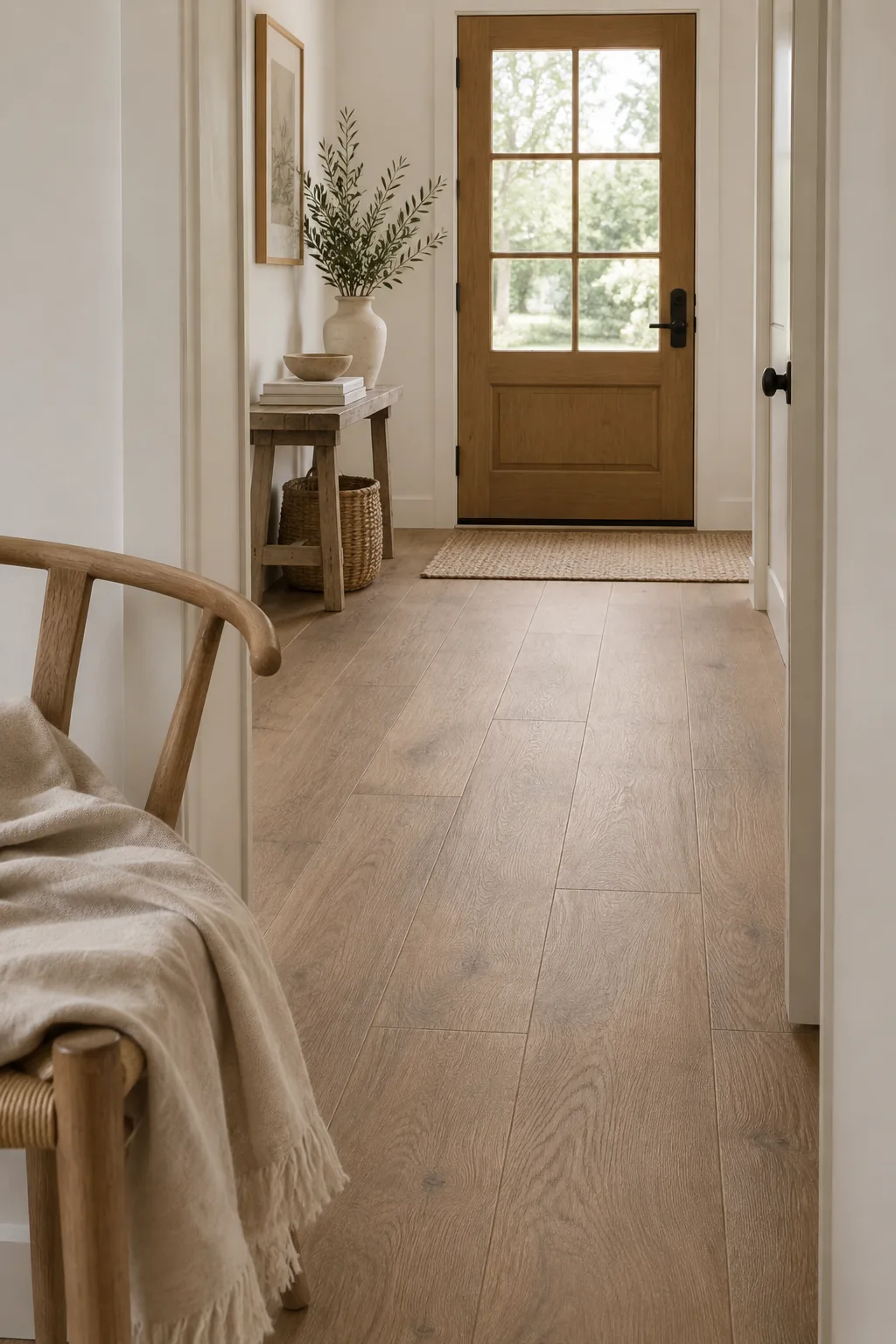 Porcelain wood-look tile planks with tight grout lines in a foyer