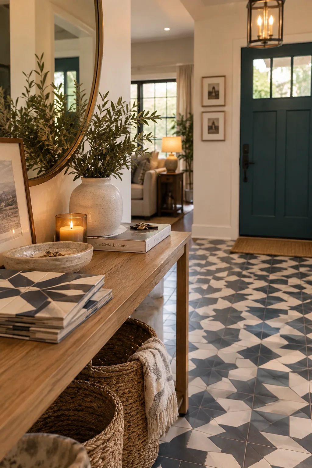 Blue and white geometric patterned cement tiles in an open concept entryway