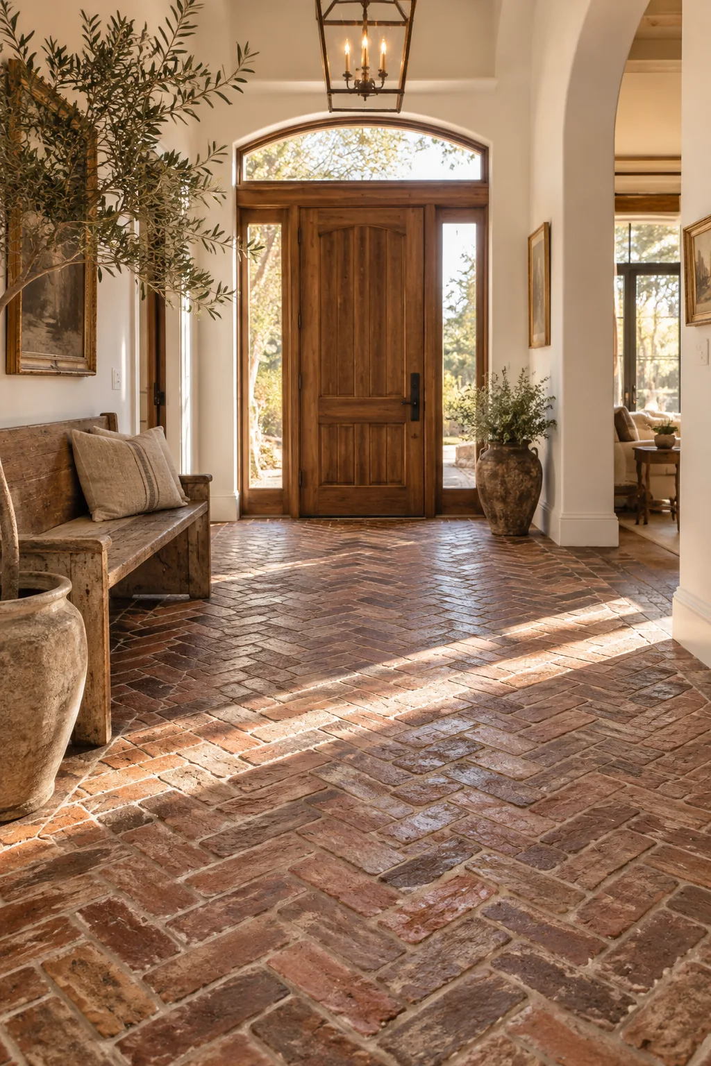 Thin reclaimed brick veneers laid in a basketweave pattern near a wooden front door