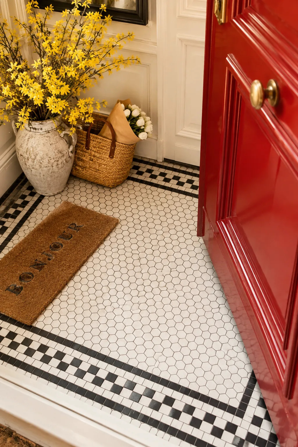 Small white hexagon tiles framed by a black mosaic border in a foyer