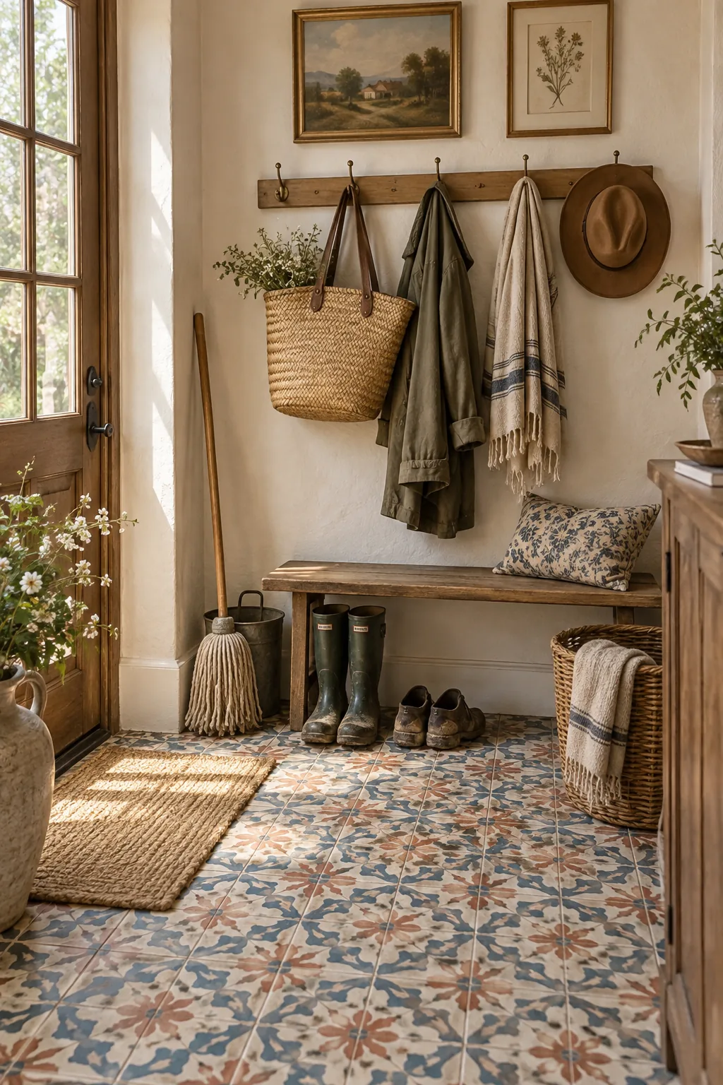 Multi-colored patterned encaustic tiles hiding dirt in a busy front entryway