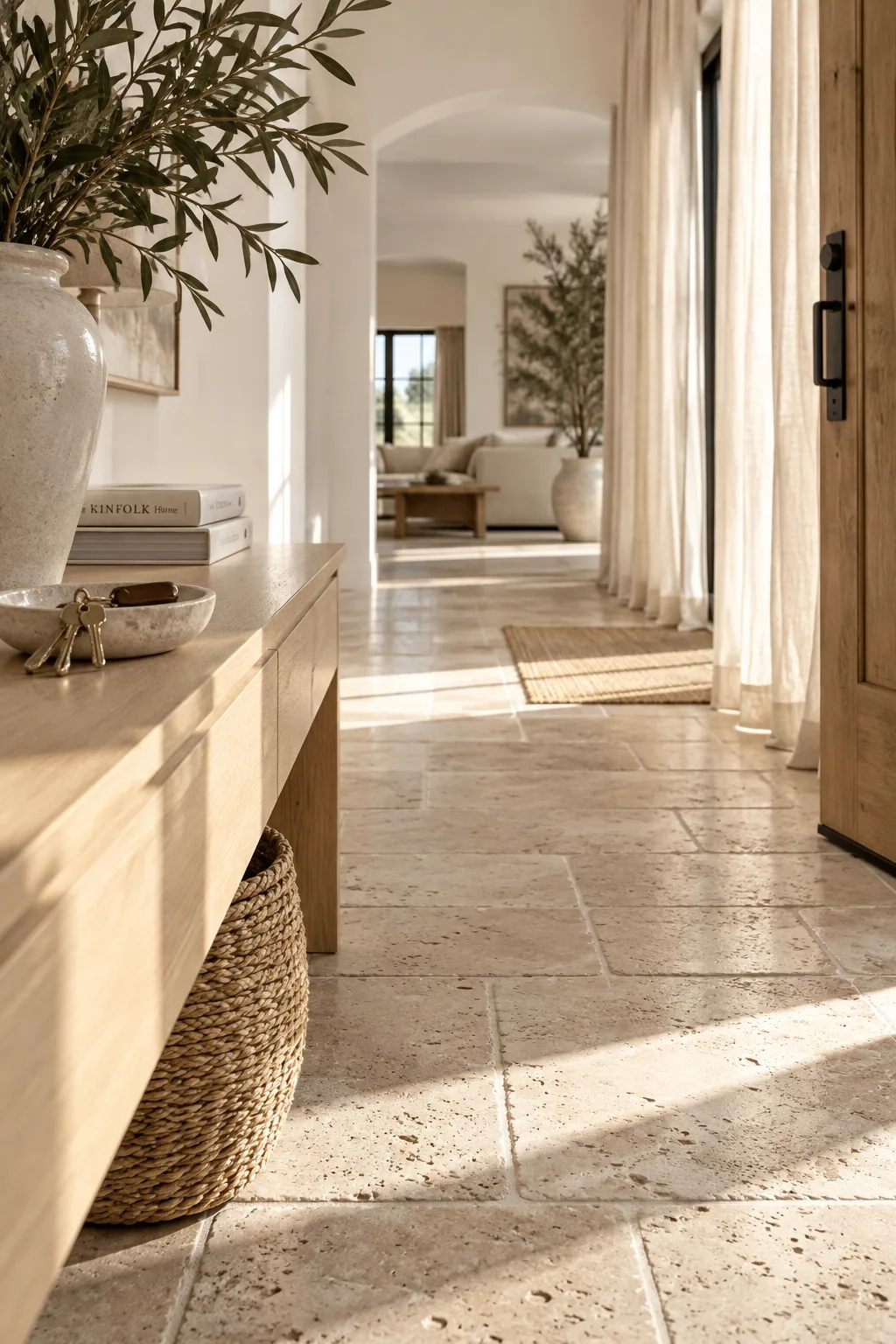 Beige tumbled travertine stone tiles with chipped edges in a rustic entryway